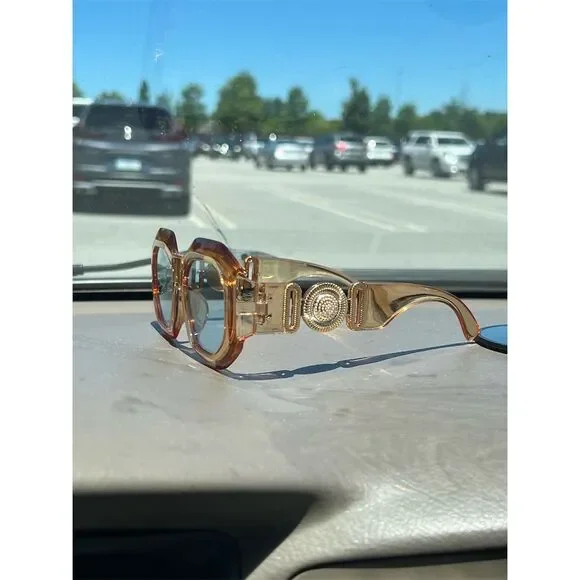 Unisex Sunglasses Transparent Gold Frame Blue Lenses Geometric S… - Picture 4 of 10